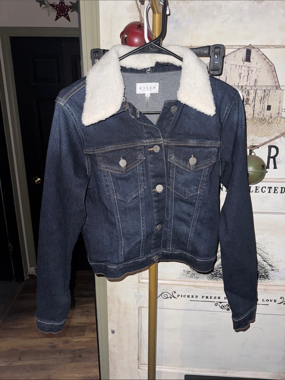 Risen Dark Blue Denim Jacket with Cream Sherpa Collar